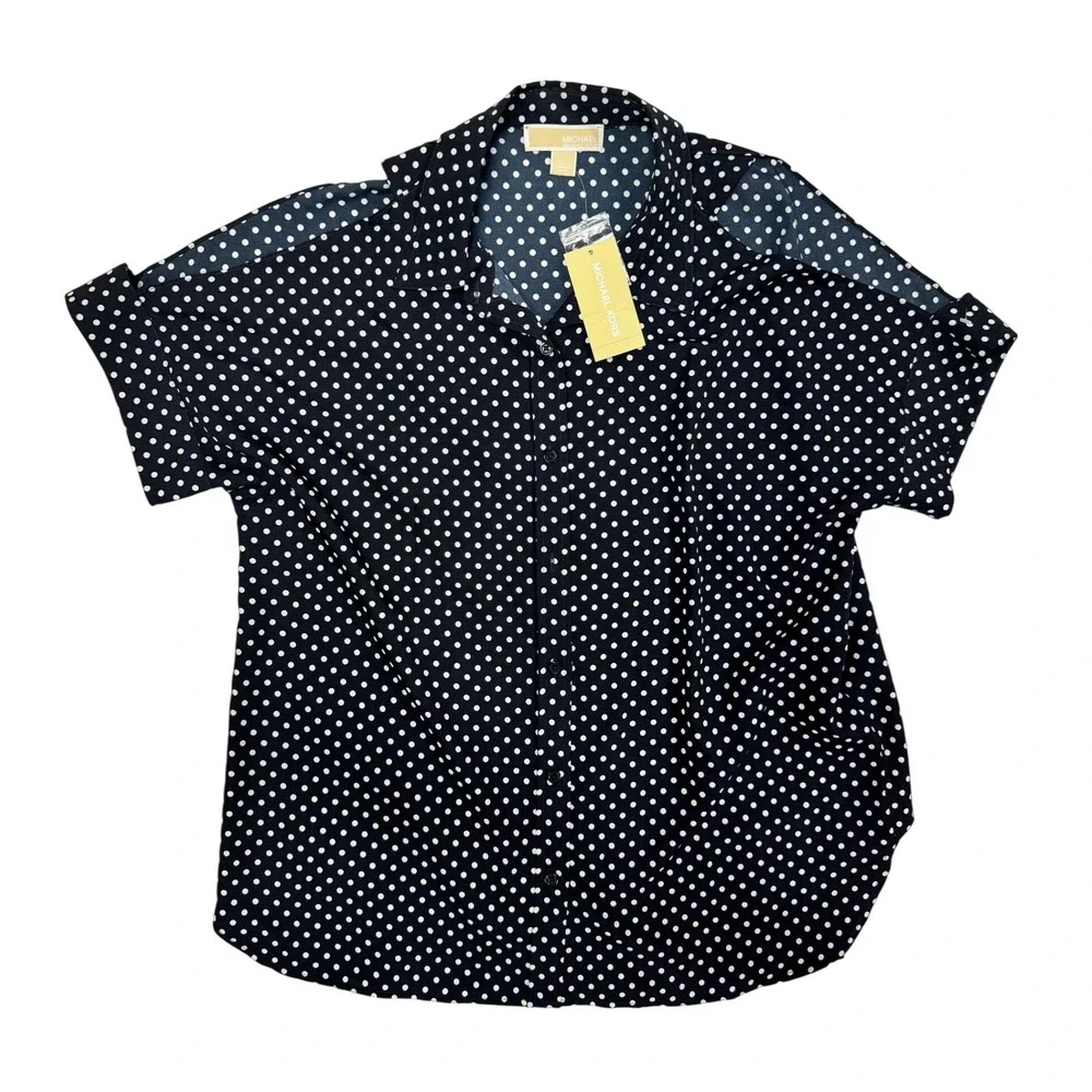 Michael Kors Polka Dot Cold Shoulder Blouse Navy White JS64KJW9H6 Large